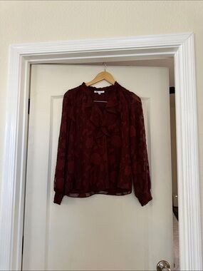DR2 Burgundy Ruffle Tie-Neck Blouse
